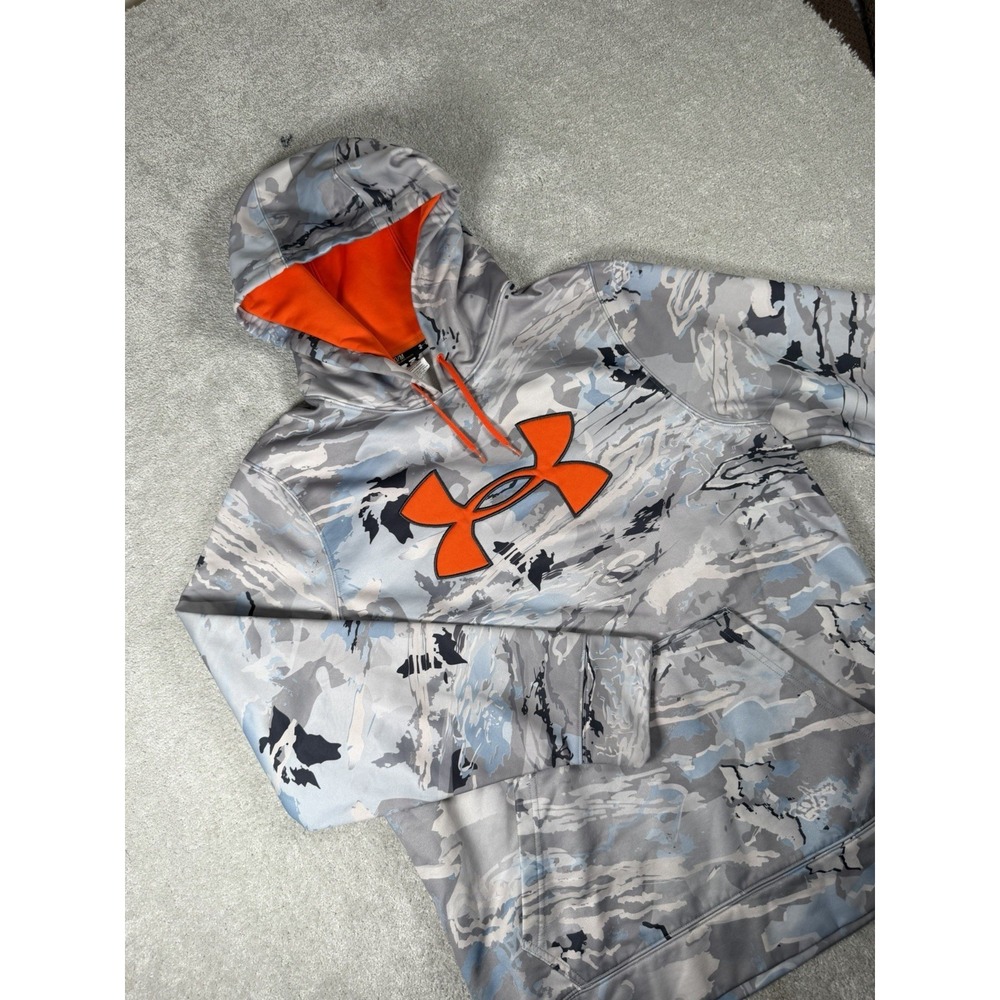 Under Armour Hoodie Mens M Gray Camo Fleece Pullover Orange Logo Sweatshirt UA